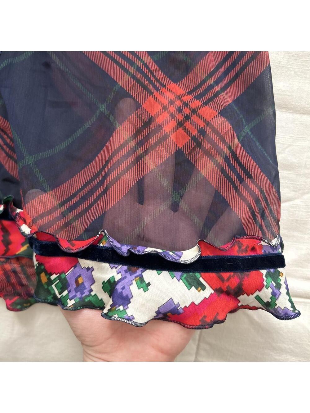 Anna Sui Navy Plaid Floral Bell Sleeve Blouse Whimsigoth Size S Japan - Picture 4 of 6